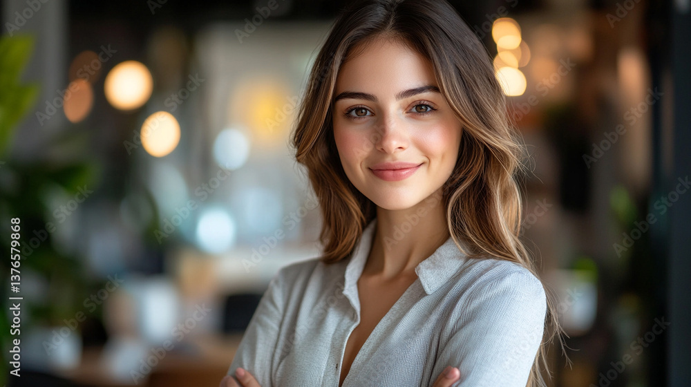 Obraz premium Smiling young woman in a modern cafe setting