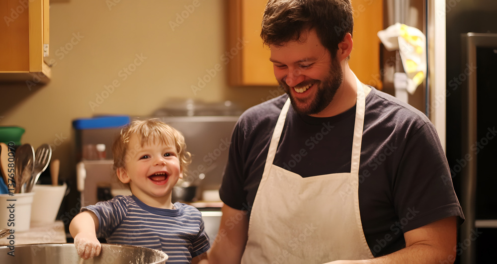 Man wearing an apron smiling in the kitchen with his son celebrating Father's Day together Man wearing an apron smiling in the kitchen with his son celebrating Father's Day together