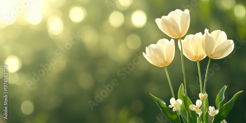 floral watercolor art, dreamy, artistic postcard with soft-focus dutch tulip field background and elegant transparent overlay for adding a congratulatory message