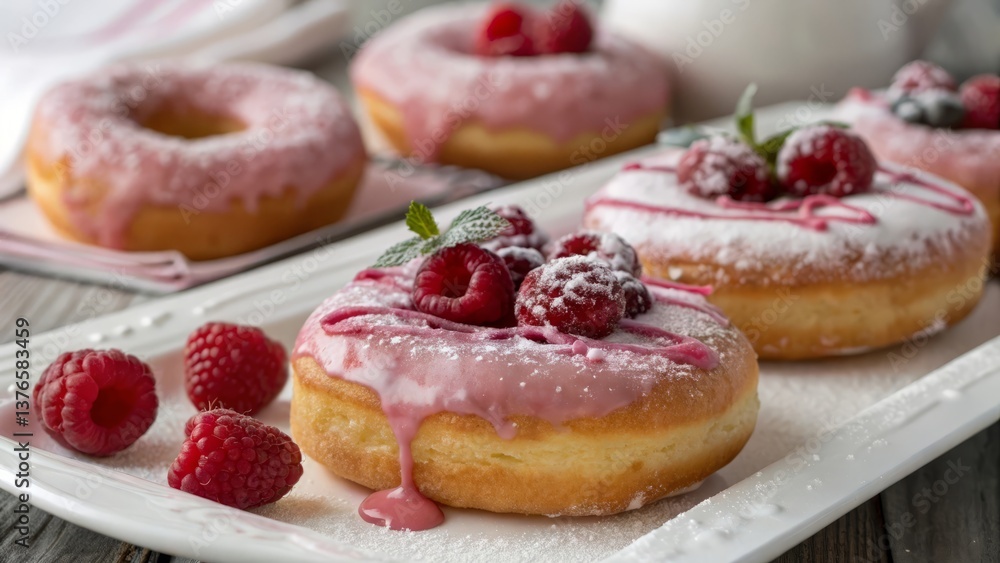 Delightful raspberry-glazed donuts adorned with fresh raspberries and a dusting of powdered sugar, presented on a pristine white tray. Delightful raspberry-glazed donuts adorned with fresh raspberries and a dusting of powdered sugar, presented on a pristine white tray.