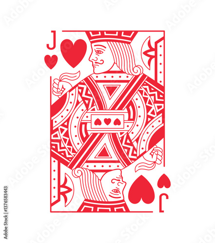Jack character, Hearts suit playing card, vintage classic design, isolated on white, editable stroke line, vector illustration.	