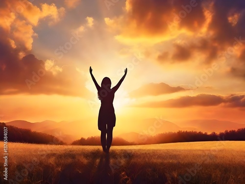 Wallpaper Mural A woman's silhouette celebrates freedom at sunset, arms raised in joyful surrender against a vibrant, fiery sky and a tranquil golden field. Torontodigital.ca