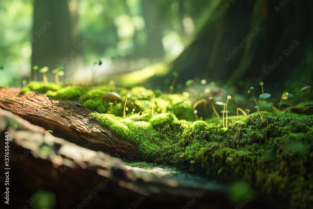 Sunlight illuminates lush green moss thriving on a forest log, showcasing vibrant life and natural beauty. Sunlight illuminates lush green moss thriving on a forest log, showcasing vibrant life and natural beauty.