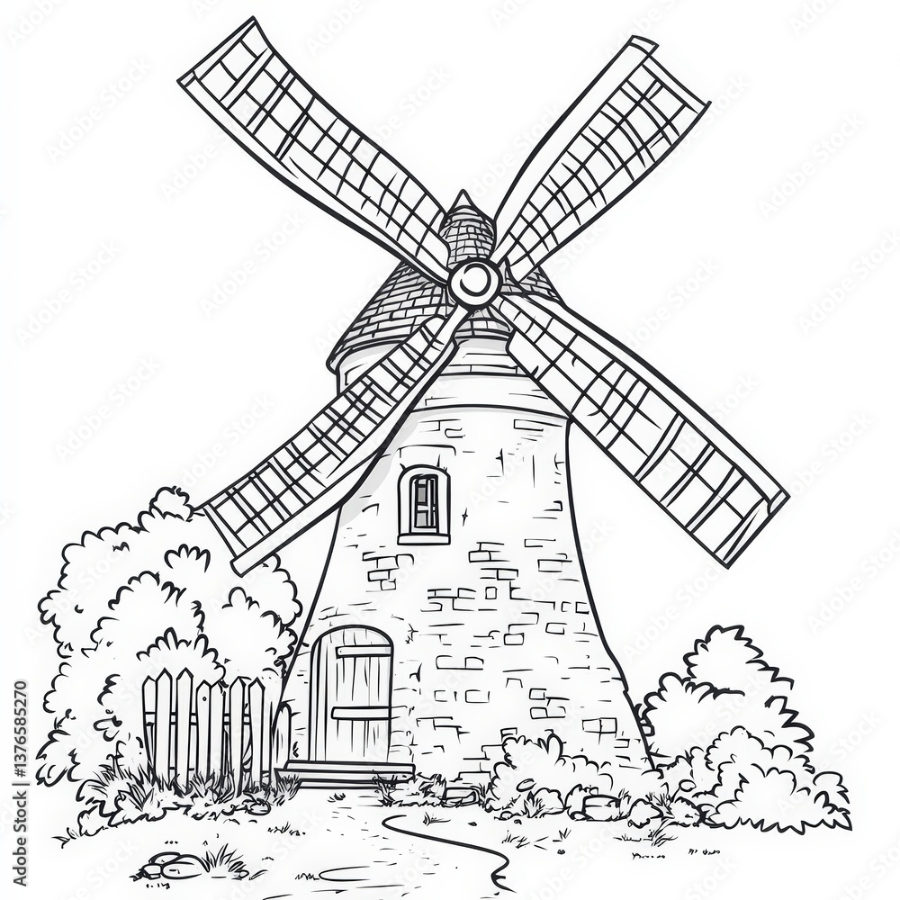 Fototapeta premium Black and white illustration of a classic windmill surrounded by trees and bushes.
