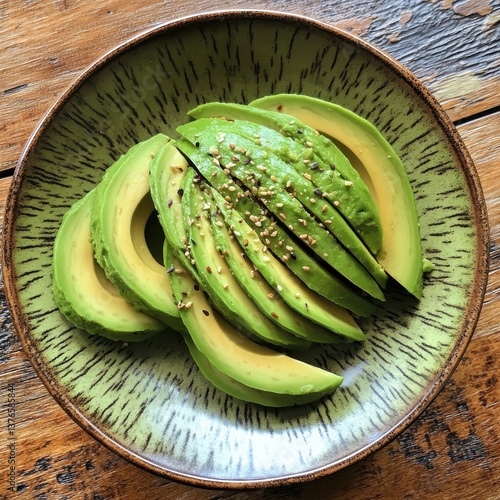 Slices of fresh avocado, delicately seasoned with sesame seeds, arranged on a rustic green plate, a simple yet elegant presentation.