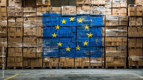 Warehouse showcasing stacked boxes featuring a painted EU flag.