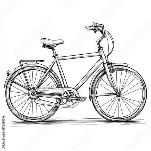 Detailed black and white drawing of a classic bicycle design on a white background.