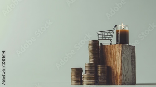 A burning candle atop a miniature shopping cart rests on a wooden block amidst ascending stacks of coins, symbolizing the cost of living and financial burdens in a minimalist setting.