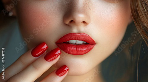 Woman showcasing red lipstick and manicured nails