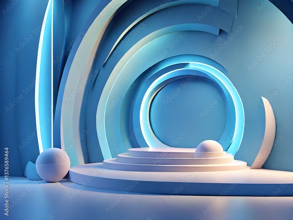 Fototapeta premium Serene blue stage with soft lighting, a calming circular platform, and elegant white spheres creating a peaceful and minimalist atmosphere.