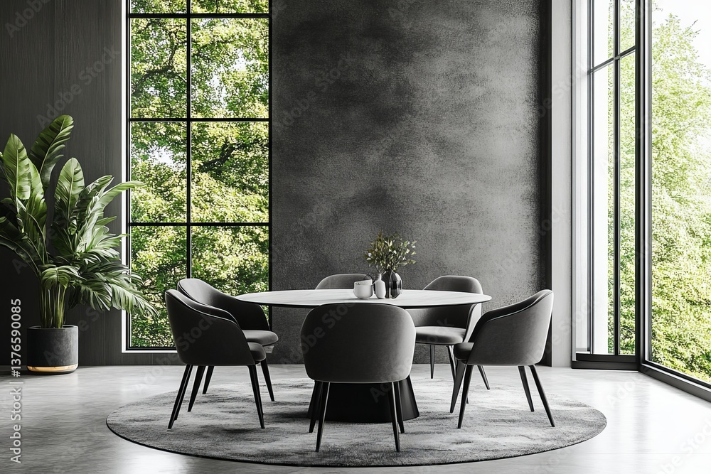 Modern dining room with round table chairs and large windows overlooking lush green trees outside Modern dining room with round table chairs and large windows overlooking lush green trees outside
