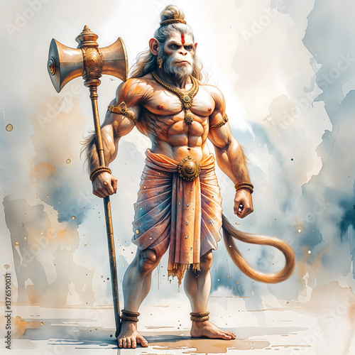 Lord Hanuman, the divine monkey god, is known for his immense strength, devotion to Rama, and wisdom. He is immortal, carries a gada, and symbolizes courage, loyalty, and protection.