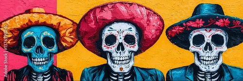 Cinco de Mayo, Vibrant Day of the Dead Mural Featuring Three Colorful Skulls Wearing Sombreros This artwork showcases traditional Mexican culture and artistic expression