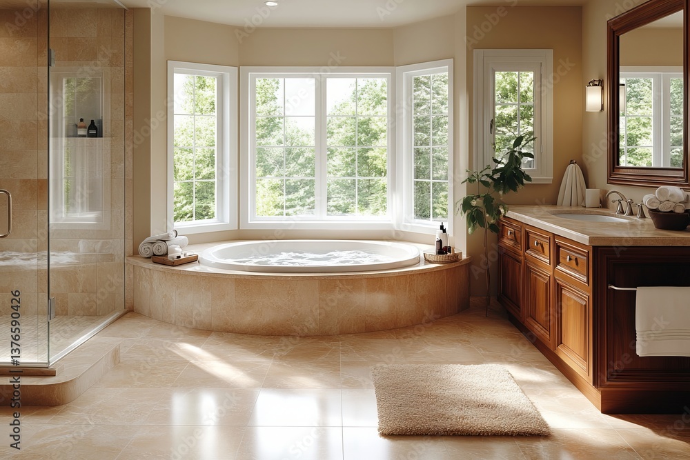 Fototapeta premium Bright bathroom with a jacuzzi tub under a large window and a vanity with a wooden cabinet