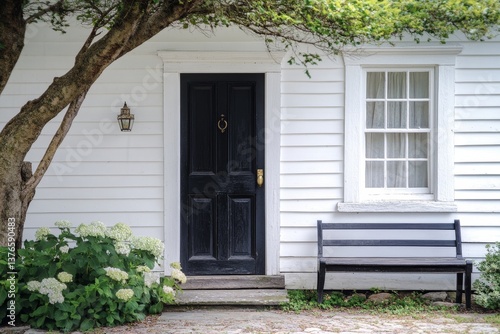A white house with a black door and a bench next to a window under a tree with white flowers