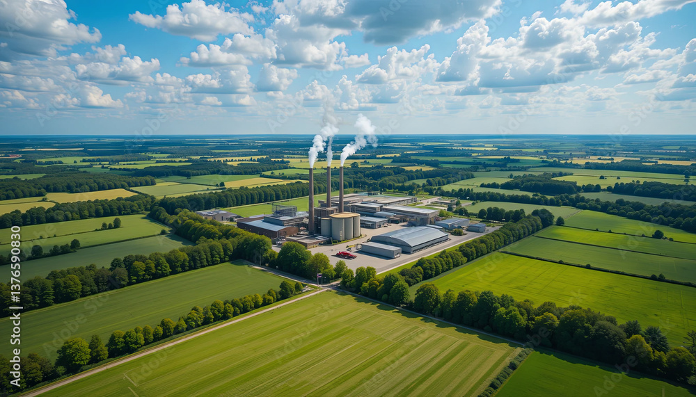 Fototapeta premium A large industrial power plant is situated in a lush green landscape. Smoke rises from its chimneys while vast fields and trees stretch into the horizon under a sunny sky