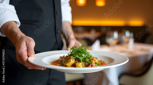 Wallpaper Mural Gastronomic Offering: A waiter, formally attired, presents a culinary masterpiece, a meticulously arranged plate of delectable food. A warm ambiance enhances the dining experience. Torontodigital.ca