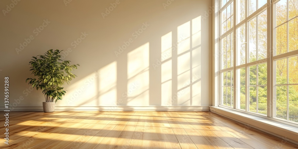 Fototapeta premium Bright Sunlight Streaming Through Large Window in Minimalist Room Modern Interior Design Home Sunlight Plant 