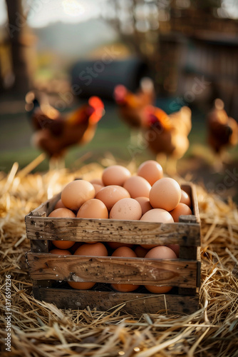 wooden crate filled with fresh brown eggs sits on a bed of straw, with free-range chickens blurred in the background on a sunny farm - sustainable agricultural production and rural life concept