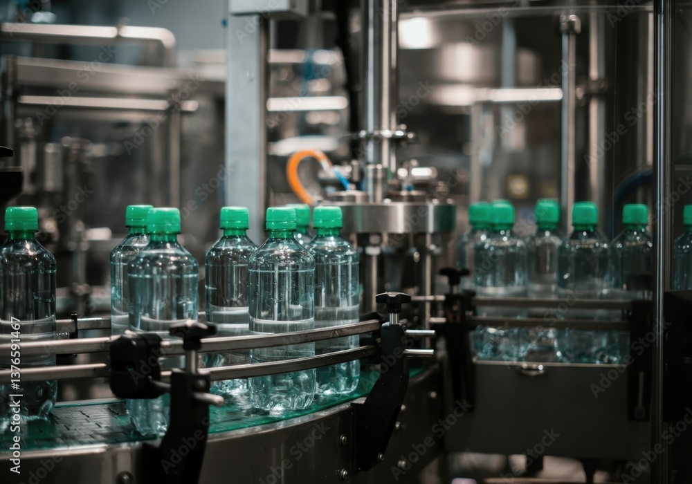 Bottled water production line with green caps in a factory setting Bottled water production line with green caps in a factory setting