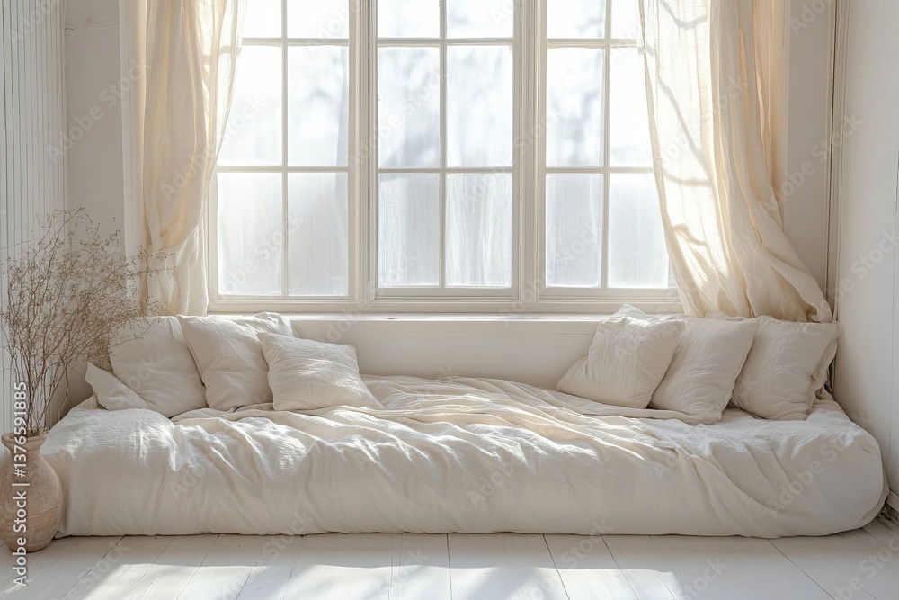 Fototapeta premium Serene White Linen Bed Sunlight Window Cozy Room Interior Design calm home decor style simple bright bedroom 