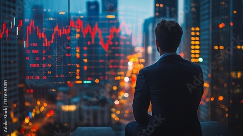 Wallpaper Mural Businessman Watching Stock Market Data Cityscape Night View Business Finance Investment Red Graph Chart Money  Torontodigital.ca