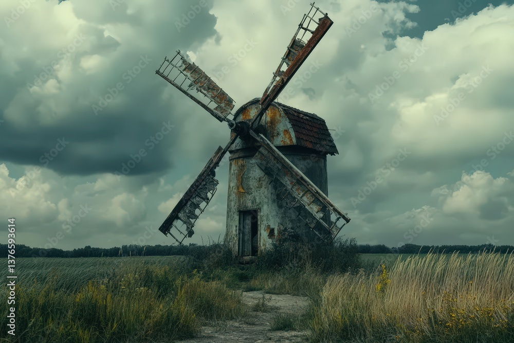 Fototapeta premium An old weathered windmill standing tall under a cloudy sky