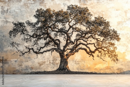 A majestic ancient oak tree silhouette on a textured wall, bathed in warm sunset light.