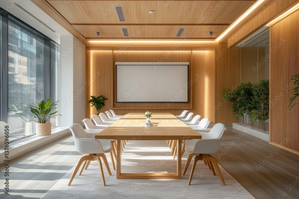 Fototapeta premium Bright meeting room with long wooden table, white chairs, projector screen, and plants near windows