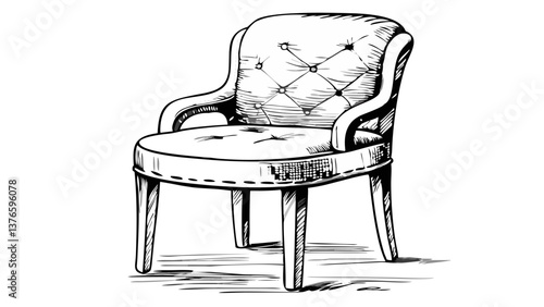 Elegant upholstered chair sketch in black and white  