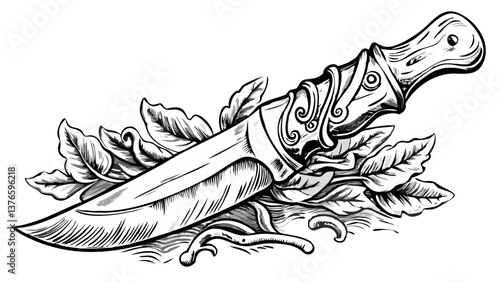 Decorative knife on herbs and leaves  
