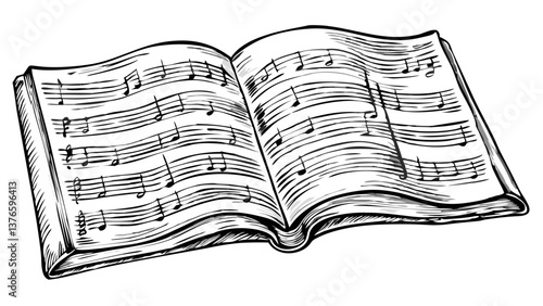 Open Music Book with Notes in Sketch Style  