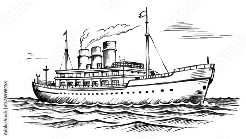 Vintage steamship navigating waves in black and white style  