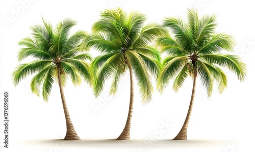 Three palm trees with green leaves and brown trunks standing against a bright white background scene view
