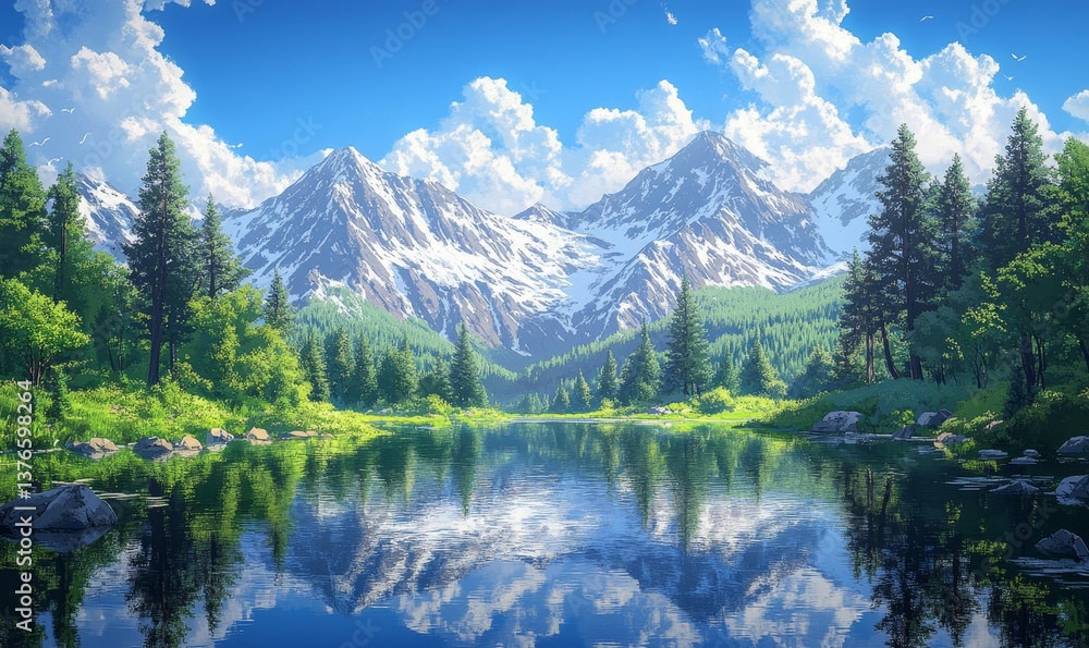 Scenic landscape with snow capped mountains reflecting in a calm lake under a blue sky with clouds Scenic landscape with snow capped mountains reflecting in a calm lake under a blue sky with clouds