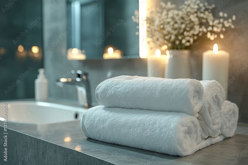 Rolled white towels on a counter with a sink and faucet in a modern bathroom setting with candles and flowers Rolled white towels on a counter with a sink and faucet in a modern bathroom setting with candles and flowers