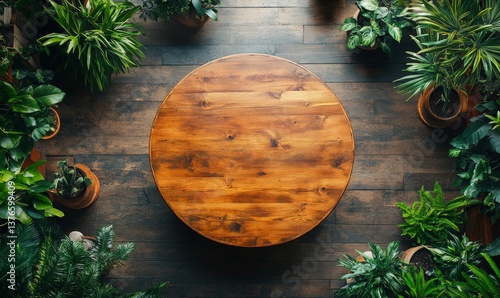 Overhead shot of a round wooden table surrounded by potted plants on a wooden plank surface view