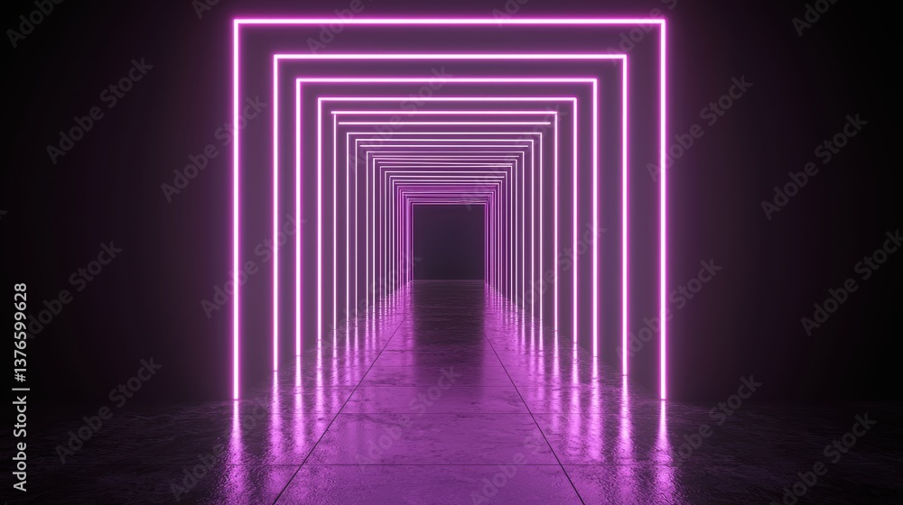 Futuristic neon structure glowing in violet and white lights, symmetrical geometry reflecting on polished surface in dark sci-fi room, 3D illustration Futuristic neon structure glowing in violet and white lights, symmetrical geometry reflecting on polished surface in dark sci-fi room, 3D illustration