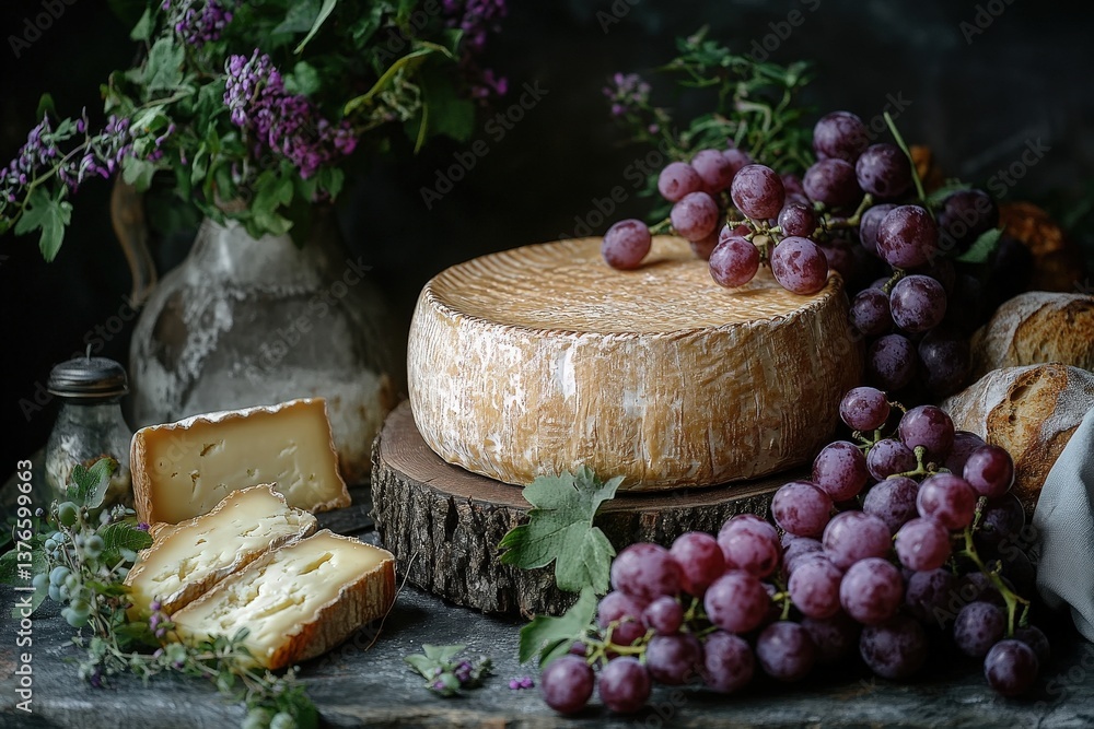 Rustic cheese and grape platter with herbs and flowers on a wooden table setting. Rustic cheese and grape platter with herbs and flowers on a wooden table setting.