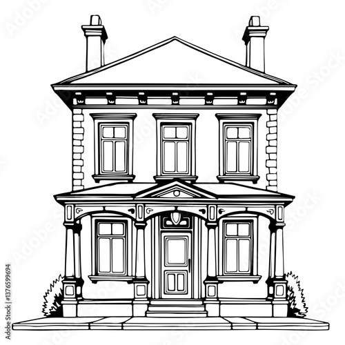 Victorian house black and white illustration with fine architectural details as concept of real estate architecture urban design history property and heritage preservation