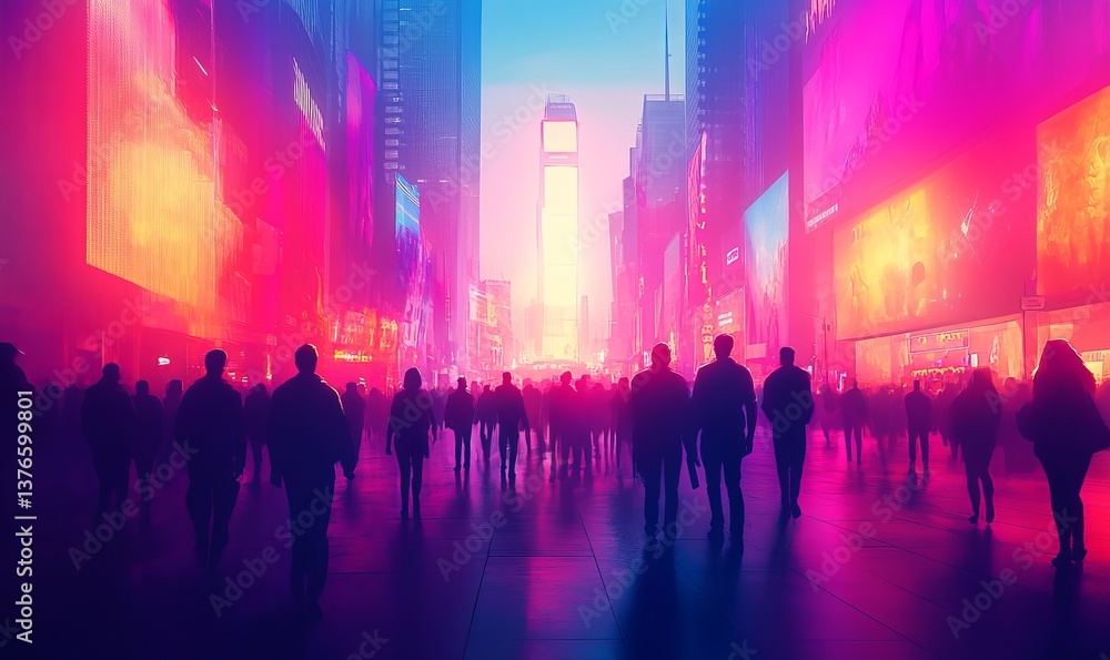 Crowd of people walking in a vibrant city street at night with bright lights and tall buildings around them Crowd of people walking in a vibrant city street at night with bright lights and tall buildings around them