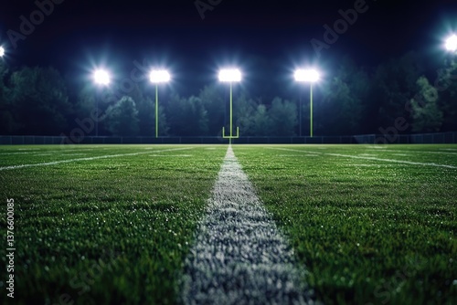 Illuminated 50 Yard Line on a Football Field: Friday Night Lights Fantasy and Recreation