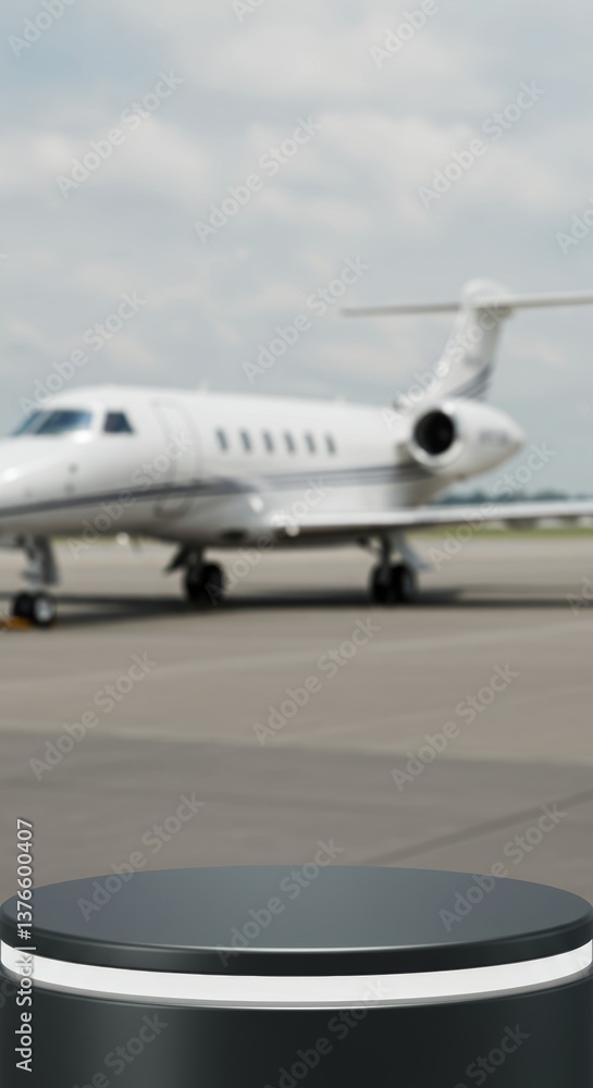 Elegant product display podium with blurred private jet background for presentations Elegant product display podium with blurred private jet background for presentations
