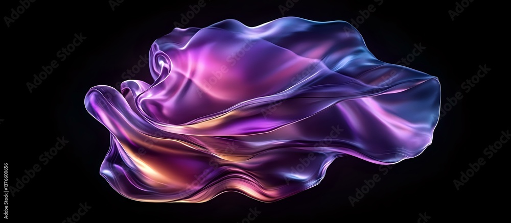 Flowing abstract silk fabric in purple and blue colors with smooth waves and folds against black background, creating ethereal luminous effect. Flowing abstract silk fabric in purple and blue colors with smooth waves and folds against black background, creating ethereal luminous effect.