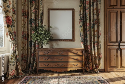 Elegant vintage interior with wooden dresser and floral curtains
