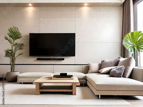 Stylish Modern Living Room with Neutral Tones and Natural Accents
