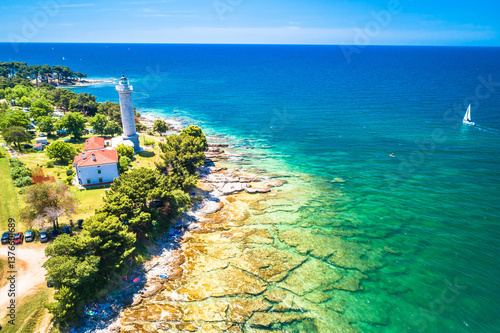Obraz na płótnie Croatia. Savudrija lighthouse and turquoise crystal clear rocky beach aerial view w salonie