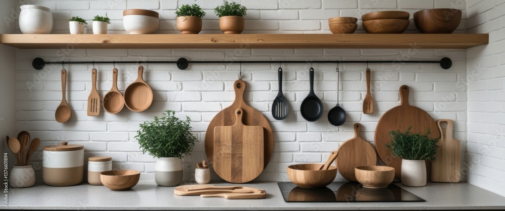 rustic charm: wooden utensils and spoons on kitchen counter rustic charm: wooden utensils and spoons on kitchen counter