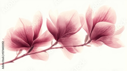A delicate branch of pink magnolia flowers, featuring translucent petals that blend softness with elegance.