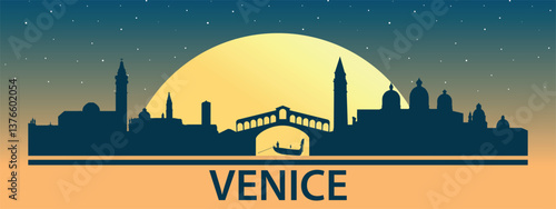 Black silhouette of the city of Venice against the background of the Big Yellow Moon and starry sky